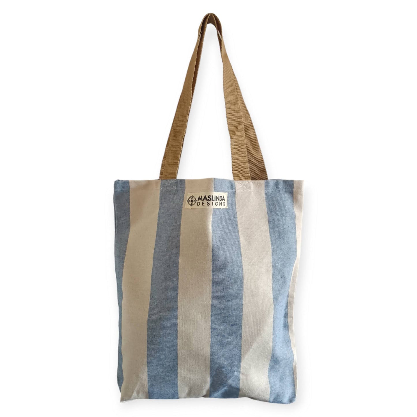 Blue and White Striped Canvas Tote Bag -Wide Stripes - Maslinda Designs