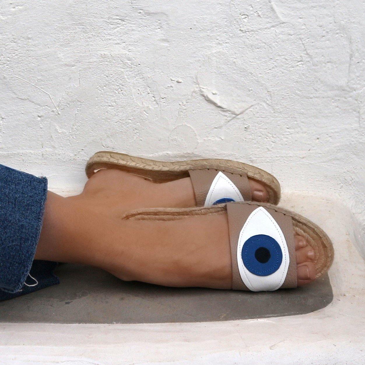 Evil Eye Espadrilles Slides - Beige - Maslinda Designs