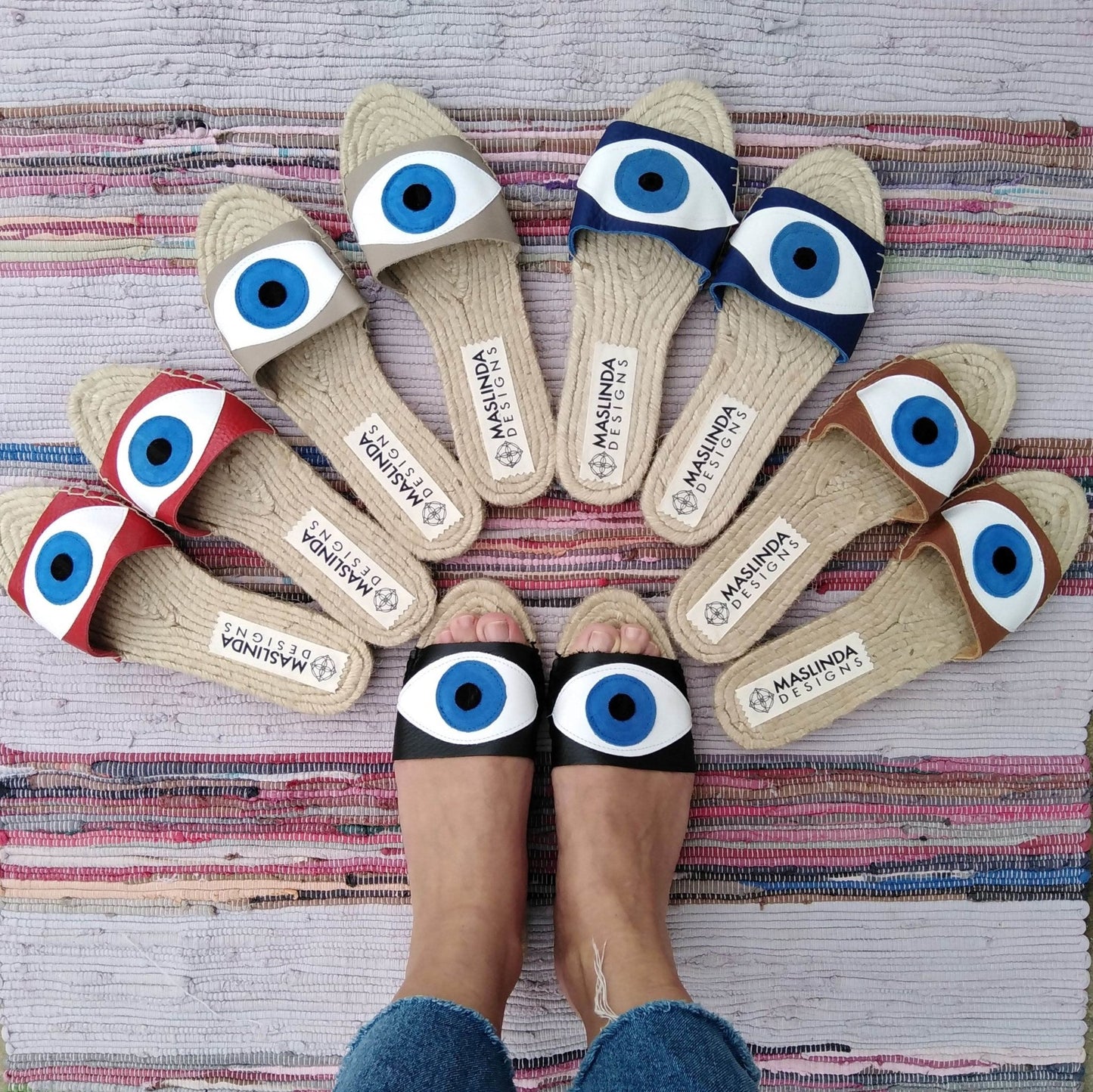 Evil Eye Espadrilles Slides-Black - Maslinda Designs