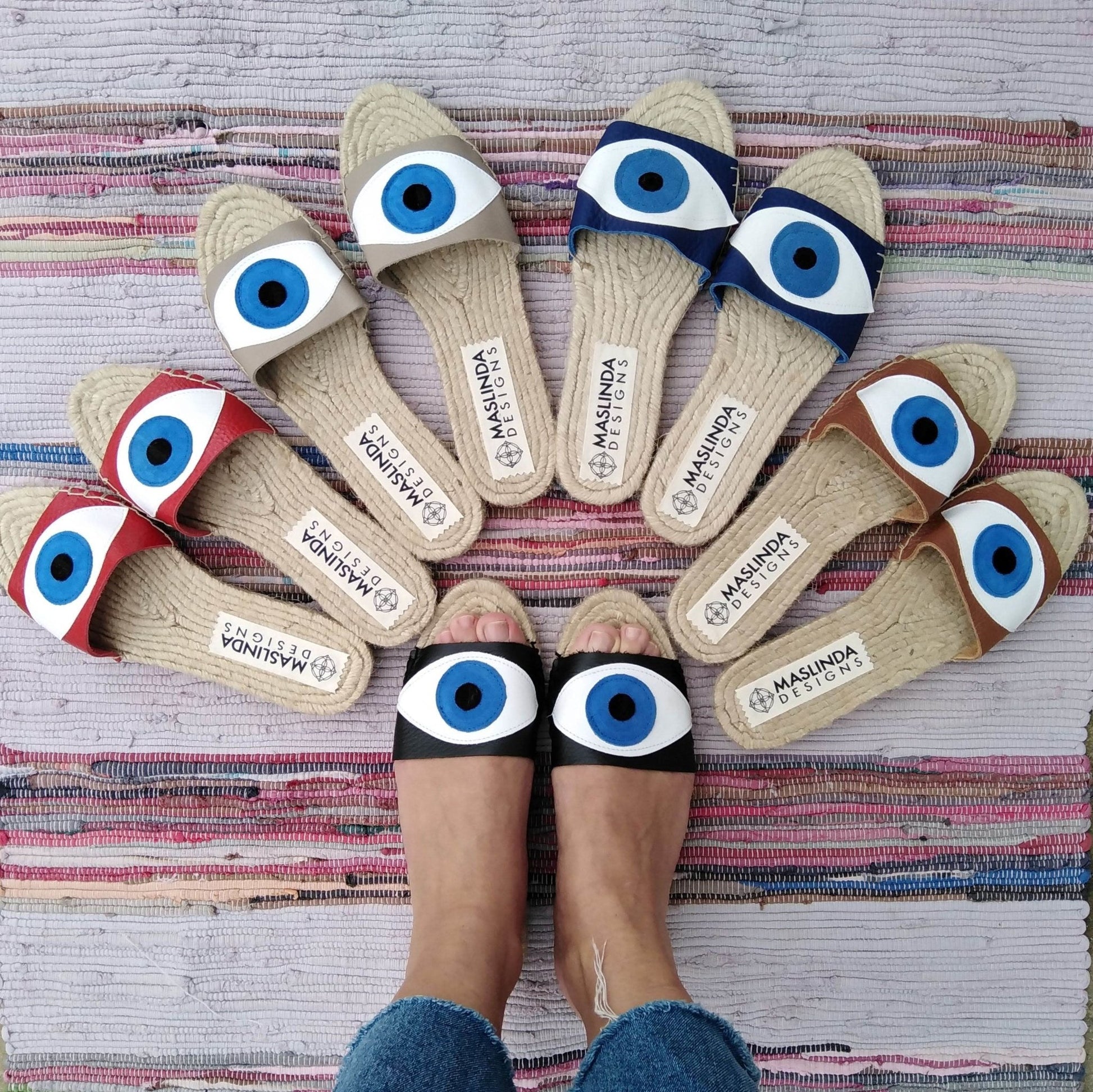 Evil Eye Espadrilles Slides-Black - Maslinda Designs