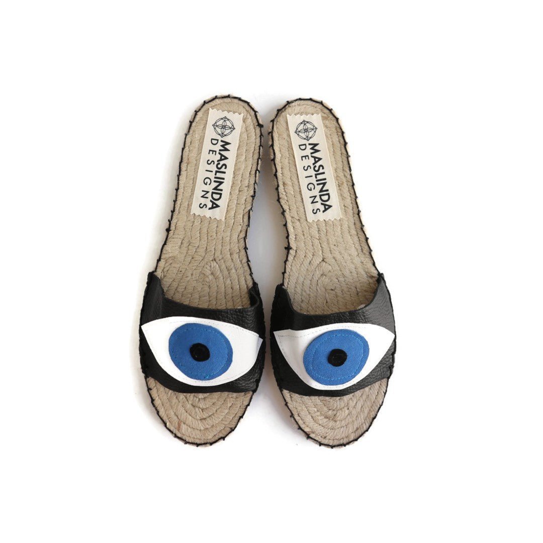 Evil Eye Espadrilles Slides-Black - Maslinda Designs
