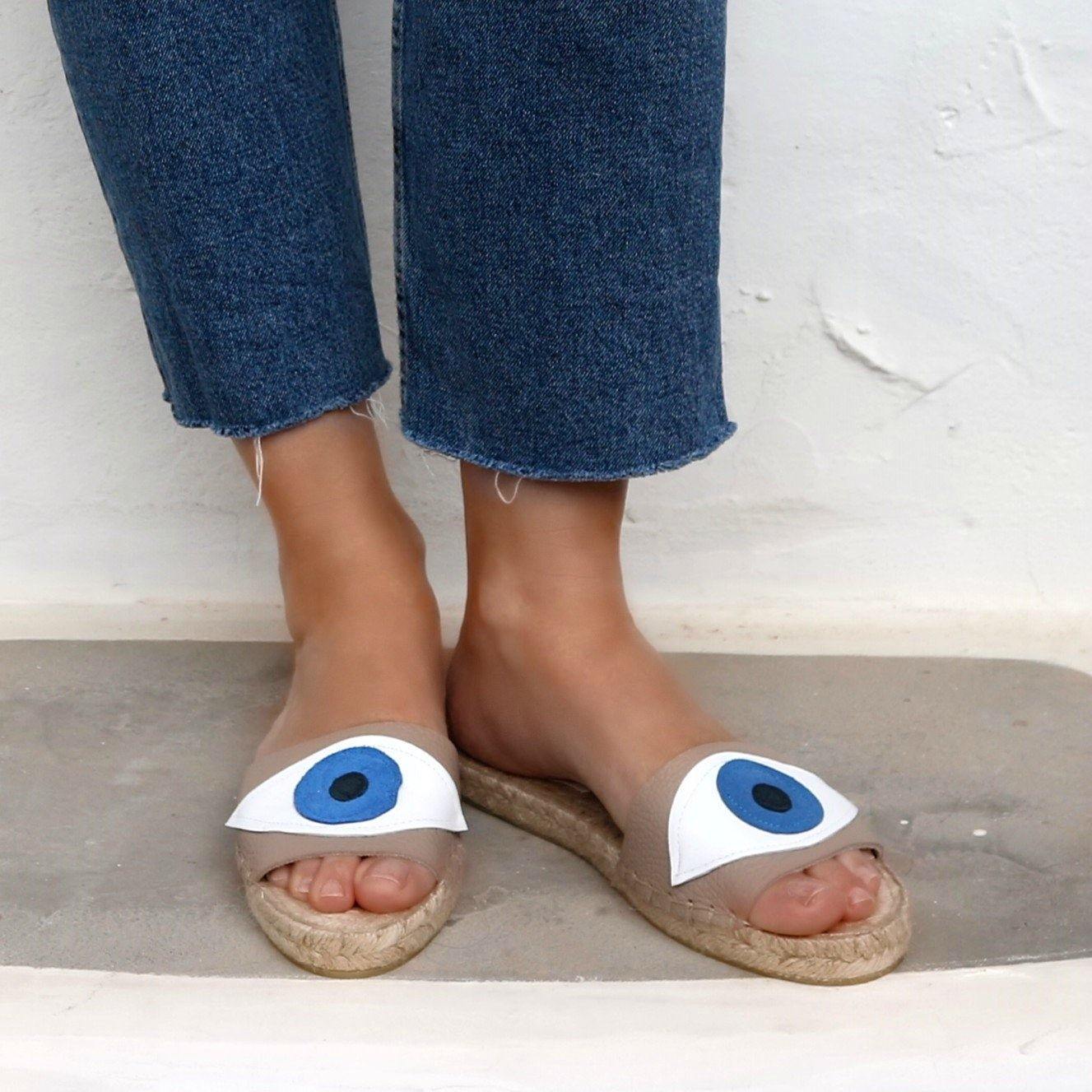 Evil Eye Espadrilles Slides - Beige