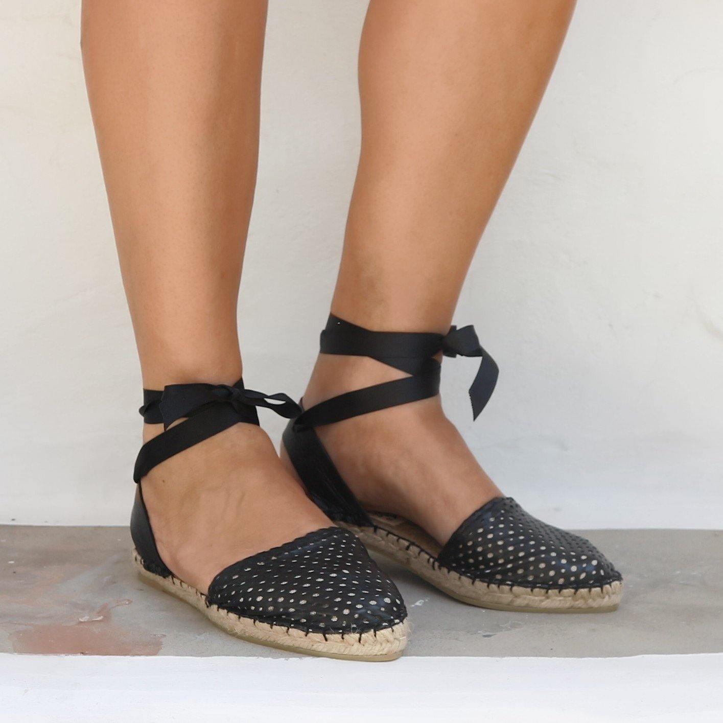 Peek a Boo Leather Espadrilles - Black - Maslinda Designs