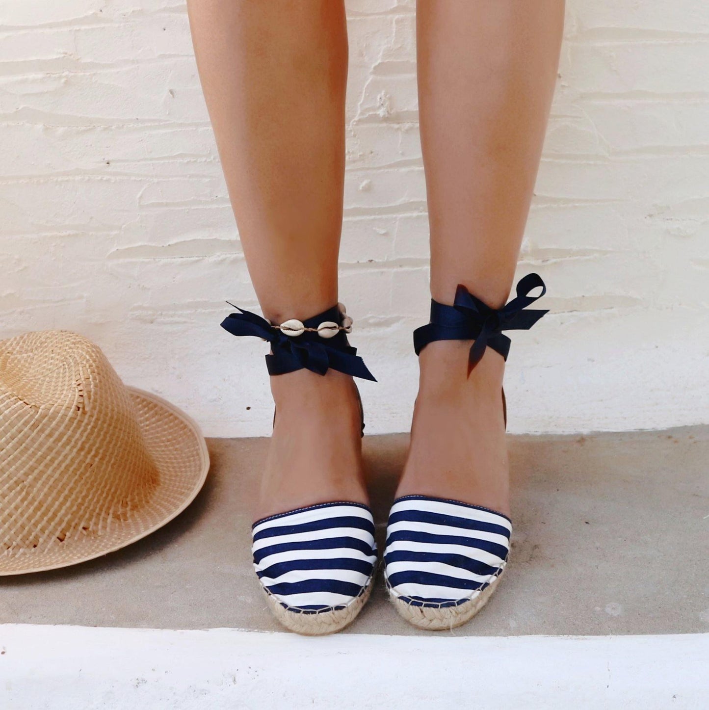 Low Wedge Espadrilles - Navy Stripes - Maslinda Designs