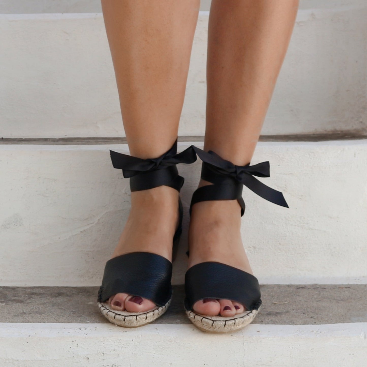 Low Wedge Leather Espadrilles - Black - Maslinda Designs
