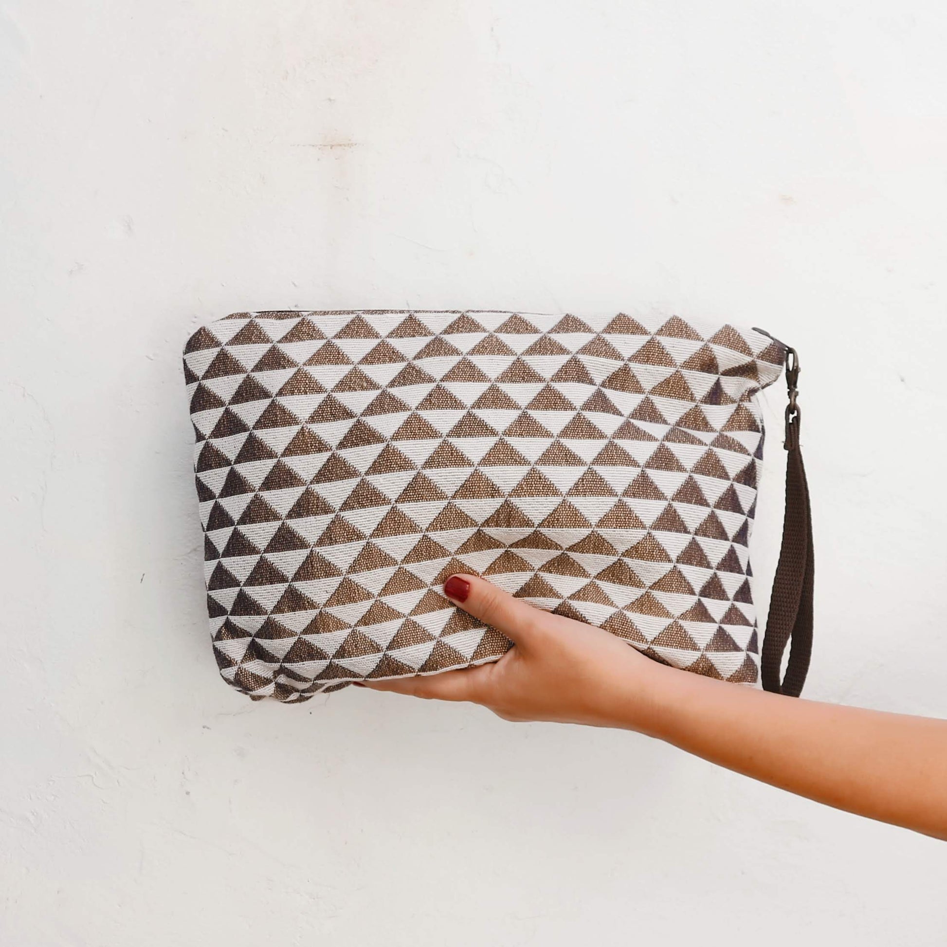 Billie Zippered Clutch Bag - Brown Triangles - Maslinda Designs