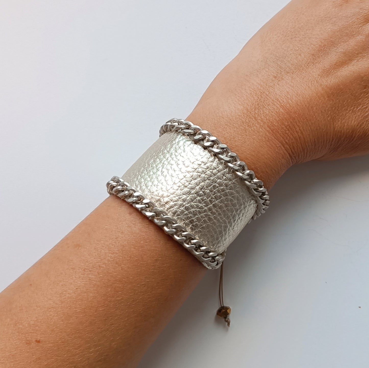 Wide Leather and Chain Cuff Bracelet - Angelica