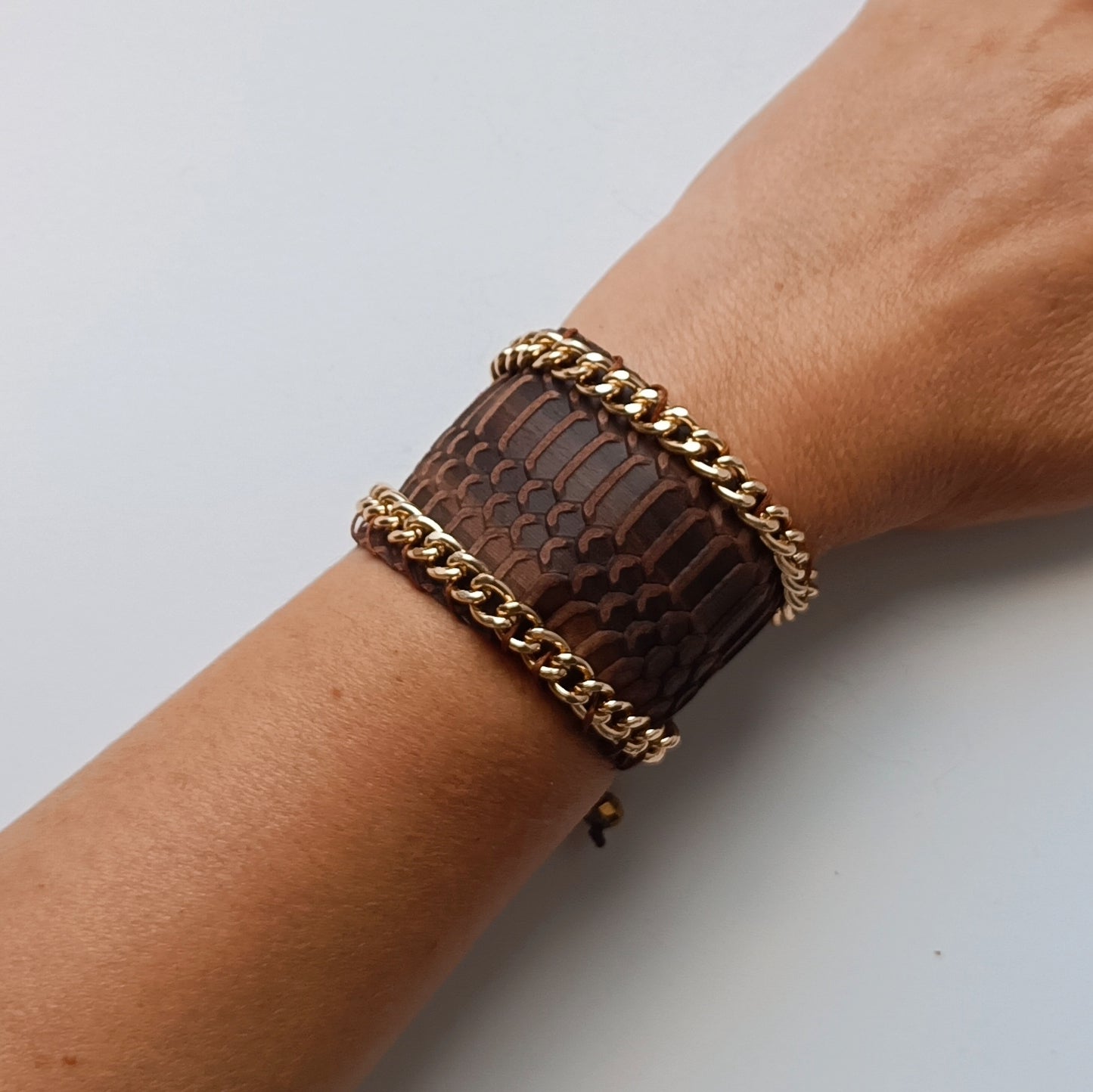 Wide Leather and Chain Cuff Bracelet - Angelica