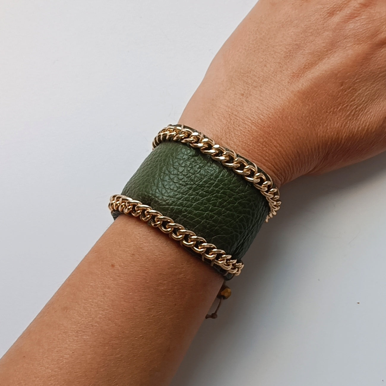 Wide Leather and Chain Cuff Bracelet - Angelica