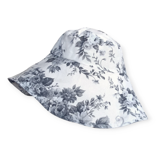 Floral Print Wide Brim Hat - Black & White