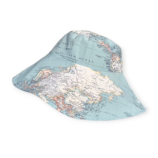 World Map Print Wide Brim Hat - Blue