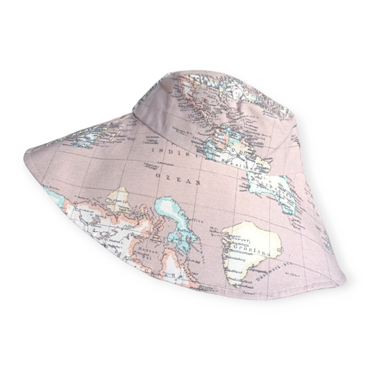 World Map Print Wide Brim Hat - Pink