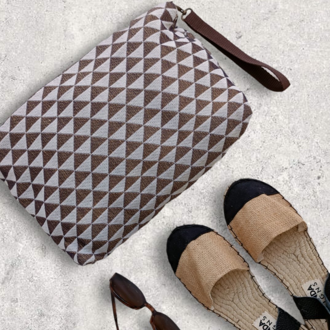 Billie Zippered Clutch Bag - Brown Triangles - Maslinda Designs