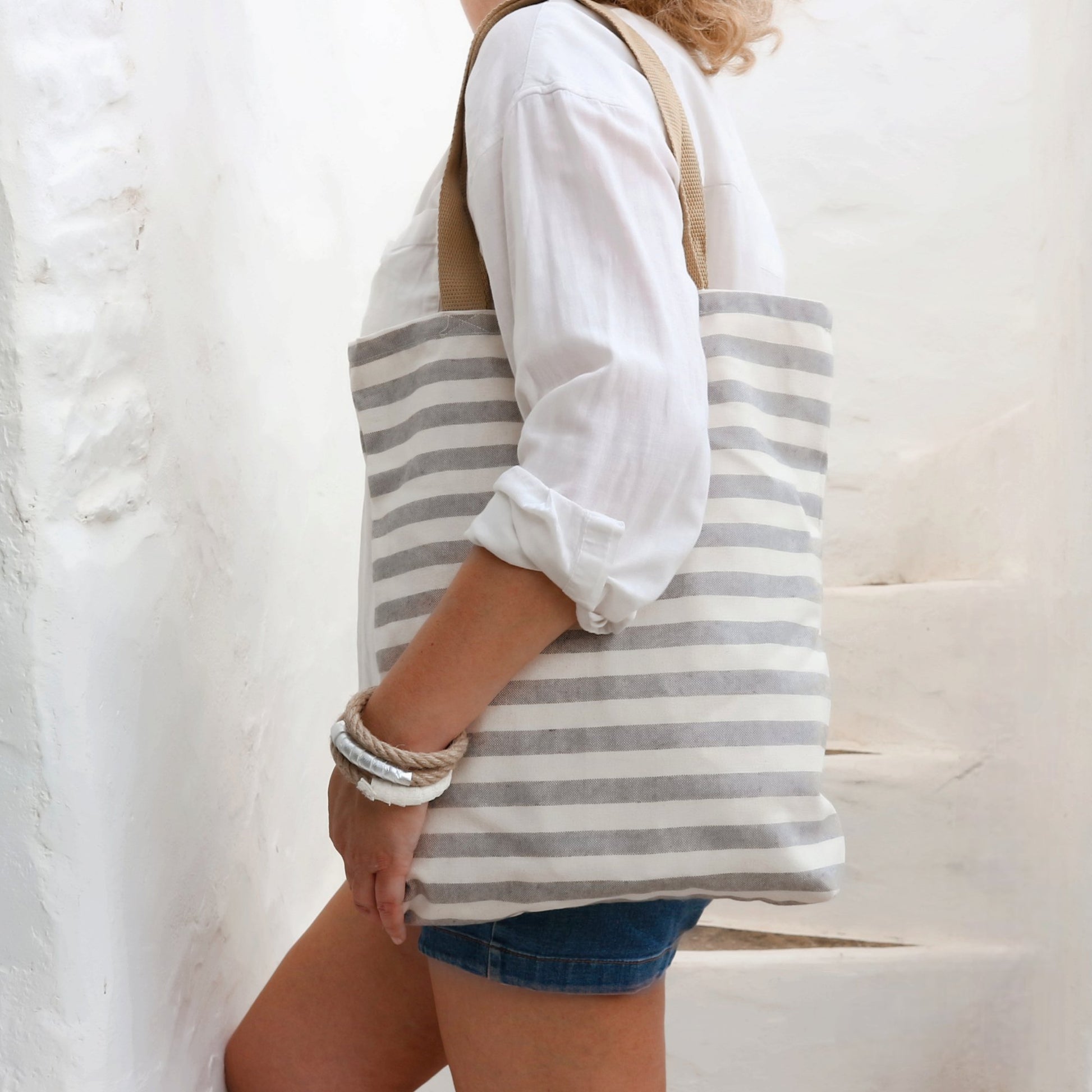 Blue and White Striped Canvas Tote Bag - Narrow Stripes - Maslinda Designs