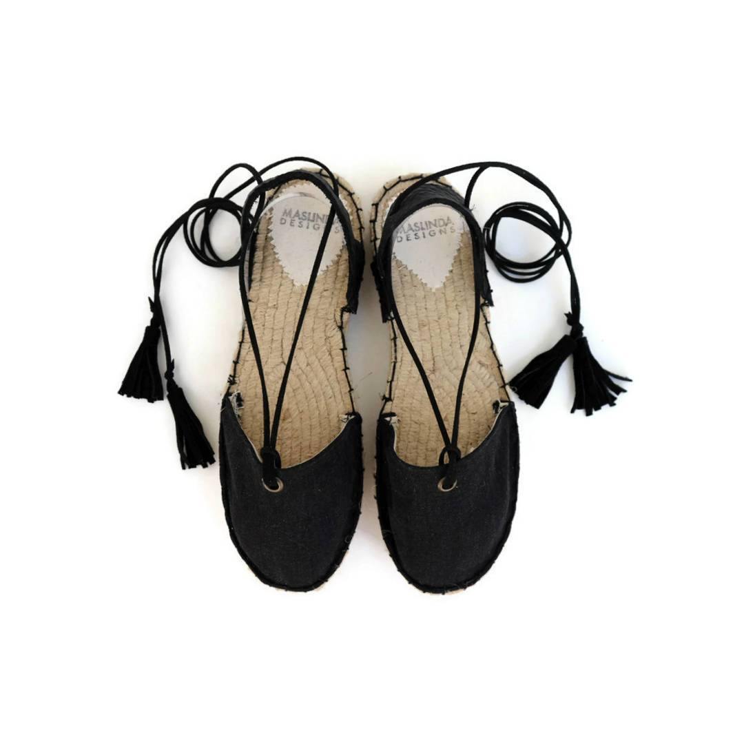 Boho Lace Up Espadrilles - Black - Double Sole - Maslinda Designs