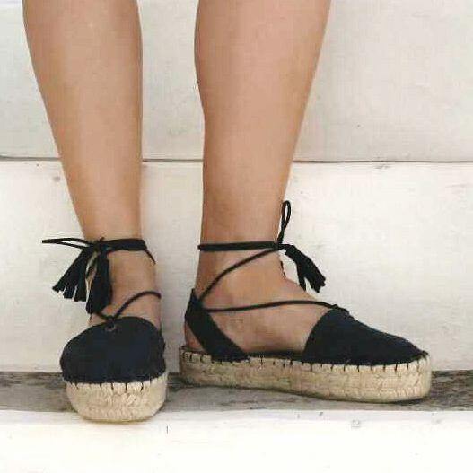 Boho Lace Up Espadrilles - Black - Double Sole - Maslinda Designs