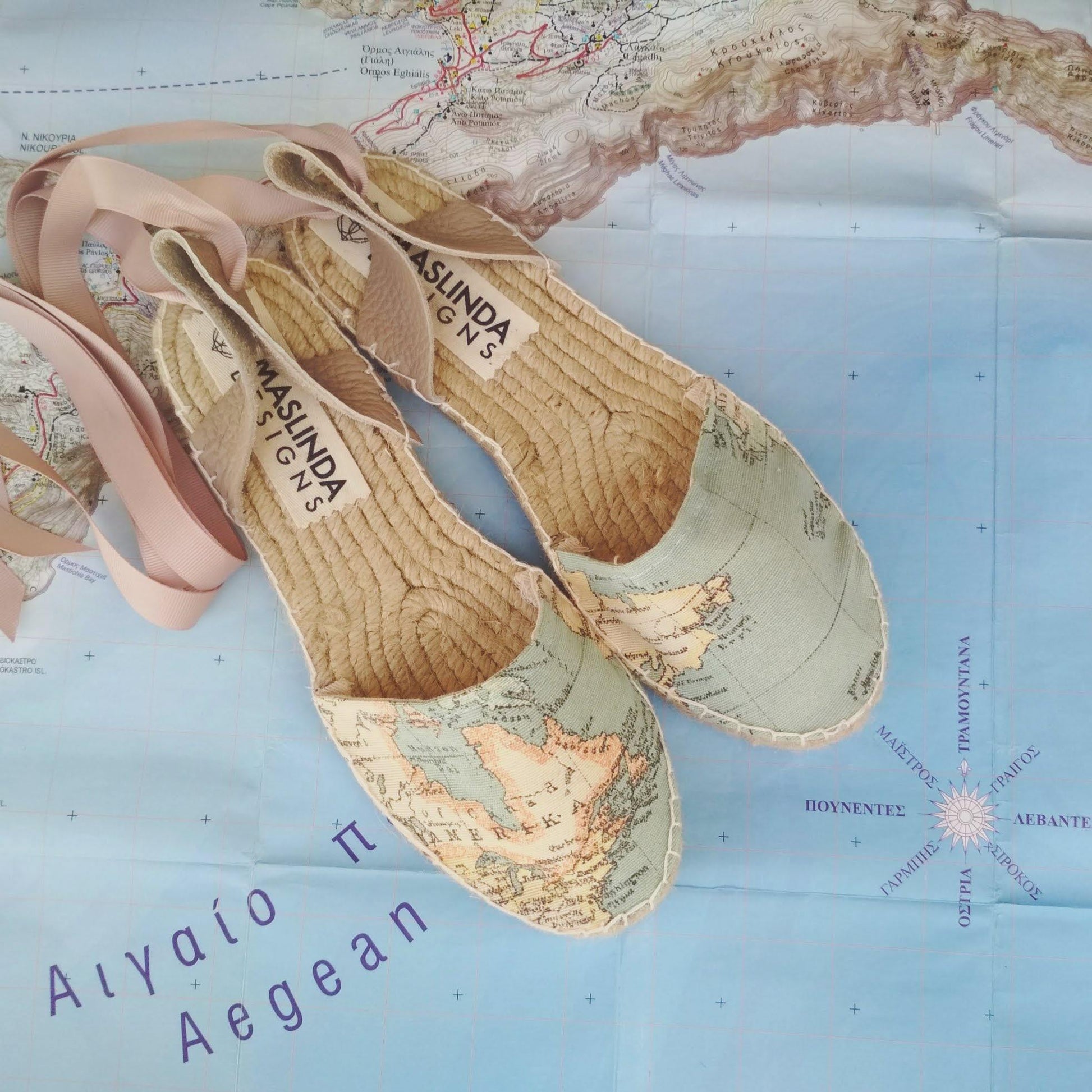 Espadrilles Sandals - Wold Map Print - Classic Sole - Maslinda Designs