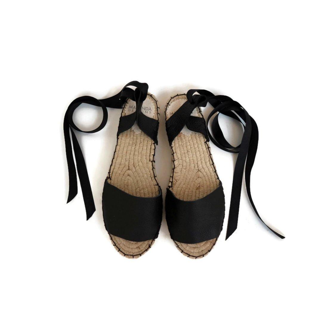 Essential Leather Espadrilles Sandals - Black - Double Sole - Maslinda Designs