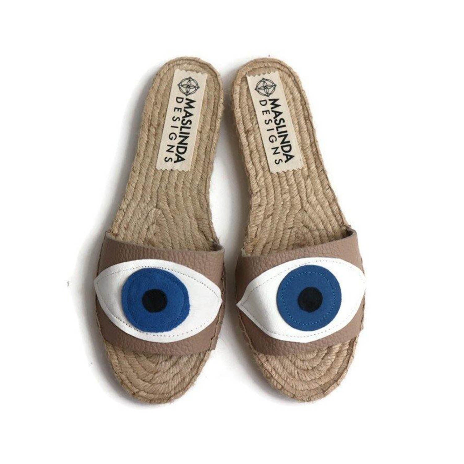 Evil Eye Espadrilles Slides - Beige - Maslinda Designs