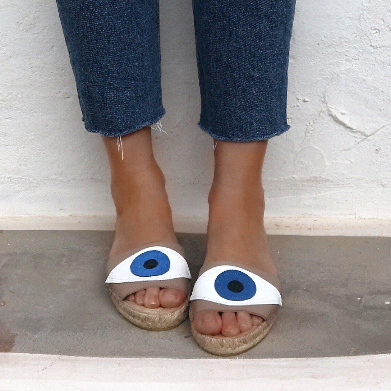 Evil Eye Espadrilles Slides - Beige - Maslinda Designs