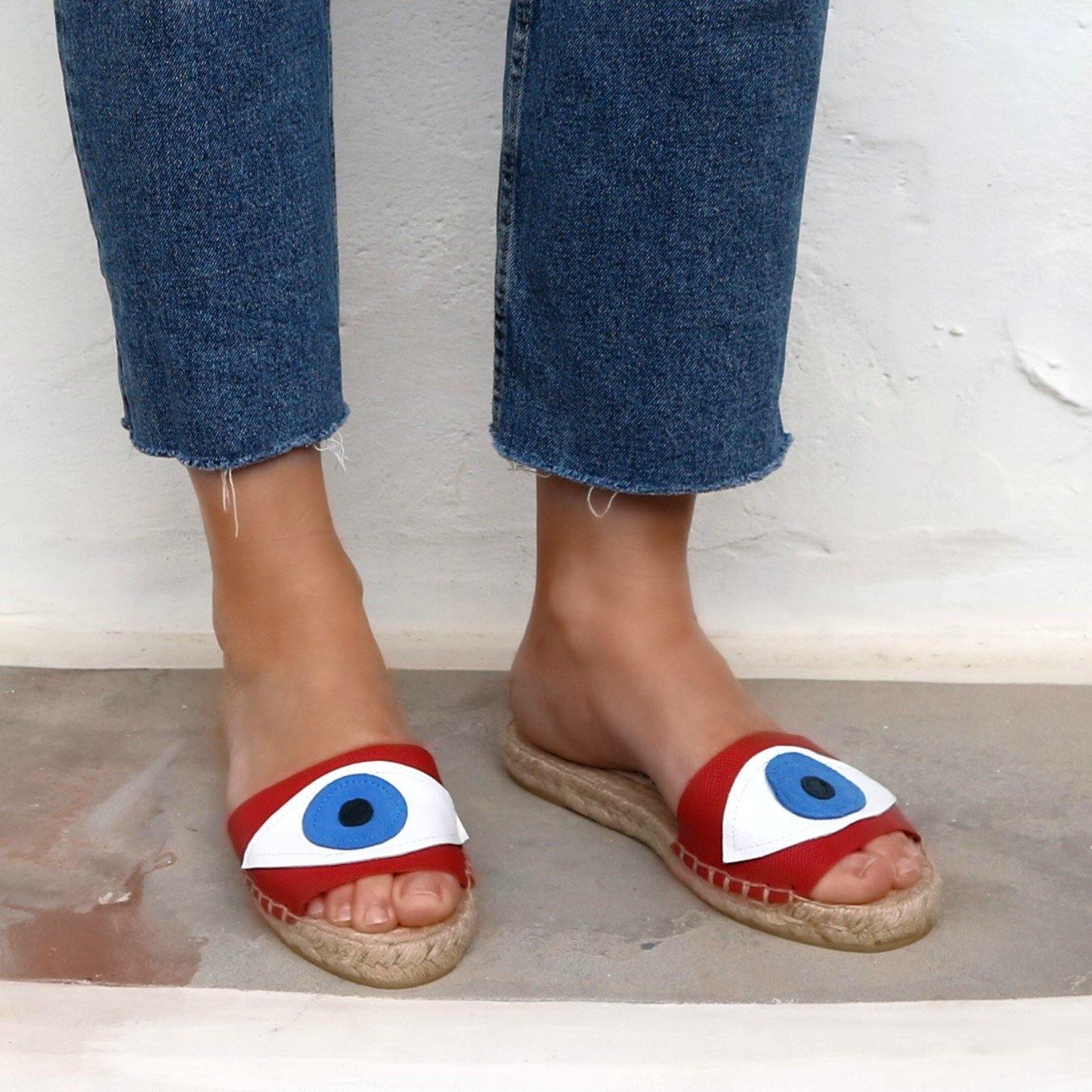 Evil Eye Espadrilles Slides - Red - Maslinda Designs