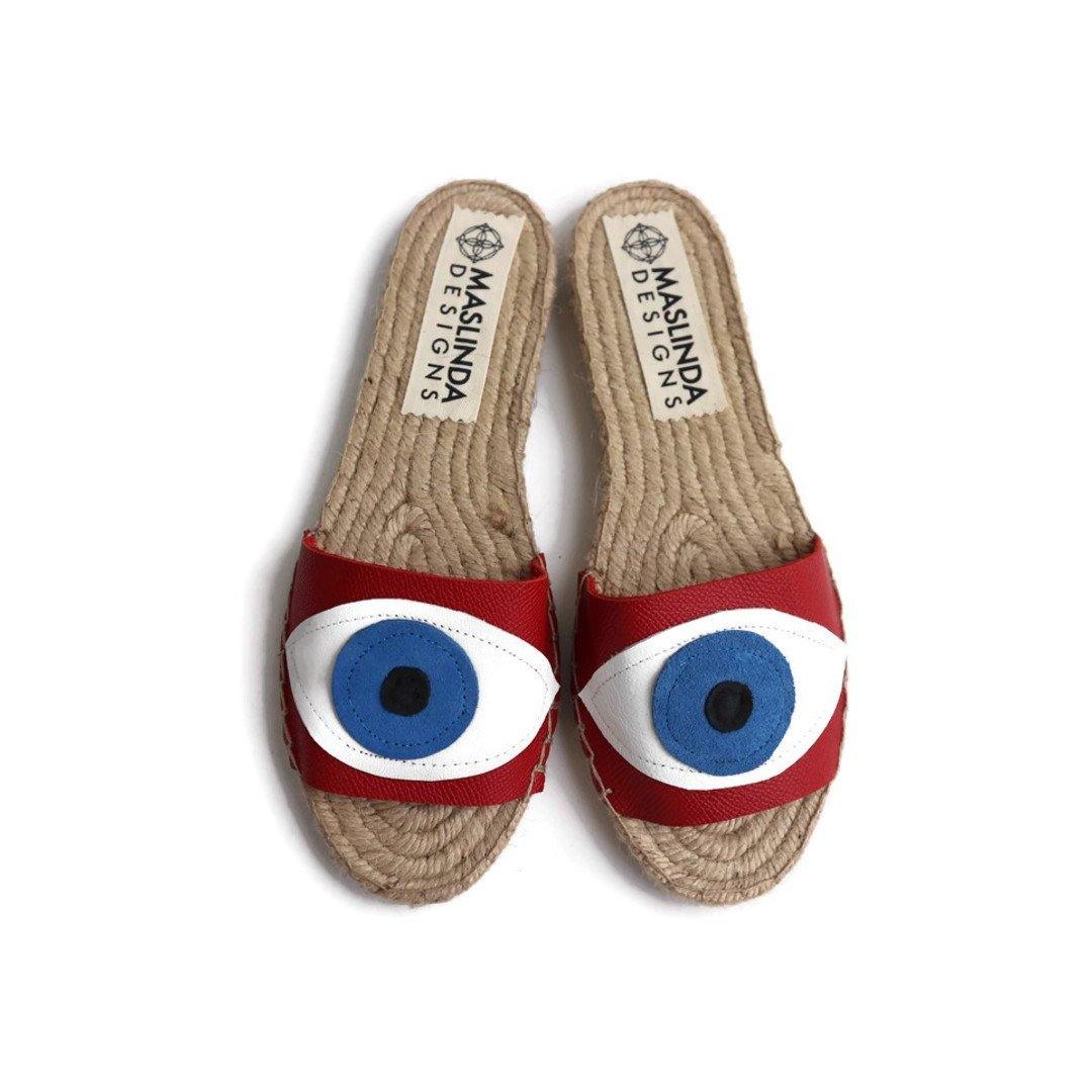 Evil Eye Espadrilles Slides - Red - Maslinda Designs