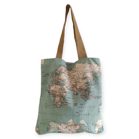 World Map Print Fabric Tote Bag - Blue