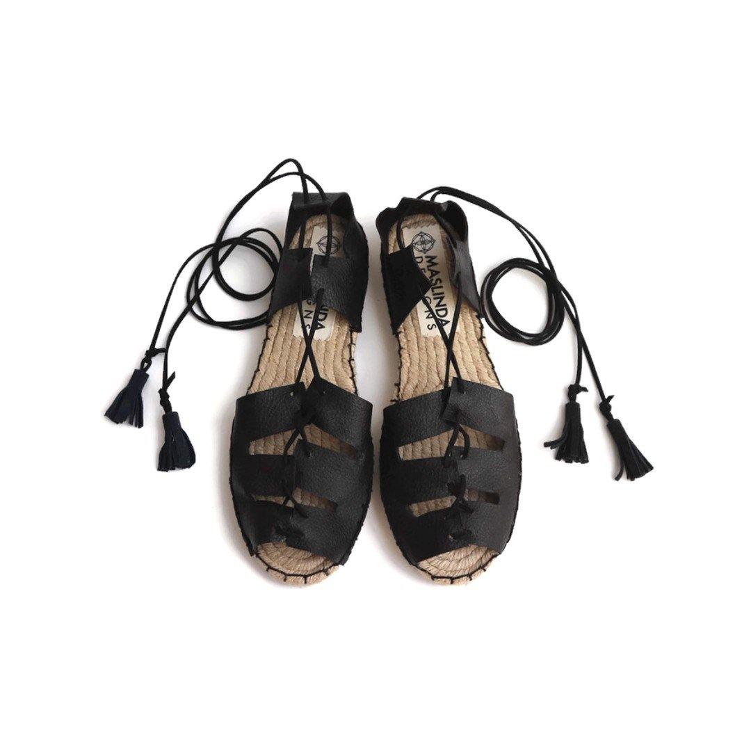 Gladiator Espadrilles-- Black Leather - Classic Sole - Maslinda Designs