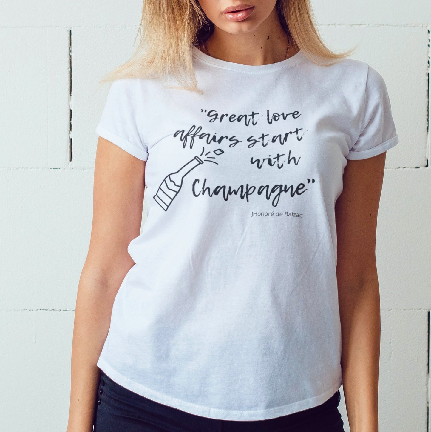 Great Love Affairs Start with Champagne- Unisex T-shirt - 100% organic cotton - Maslinda Designs