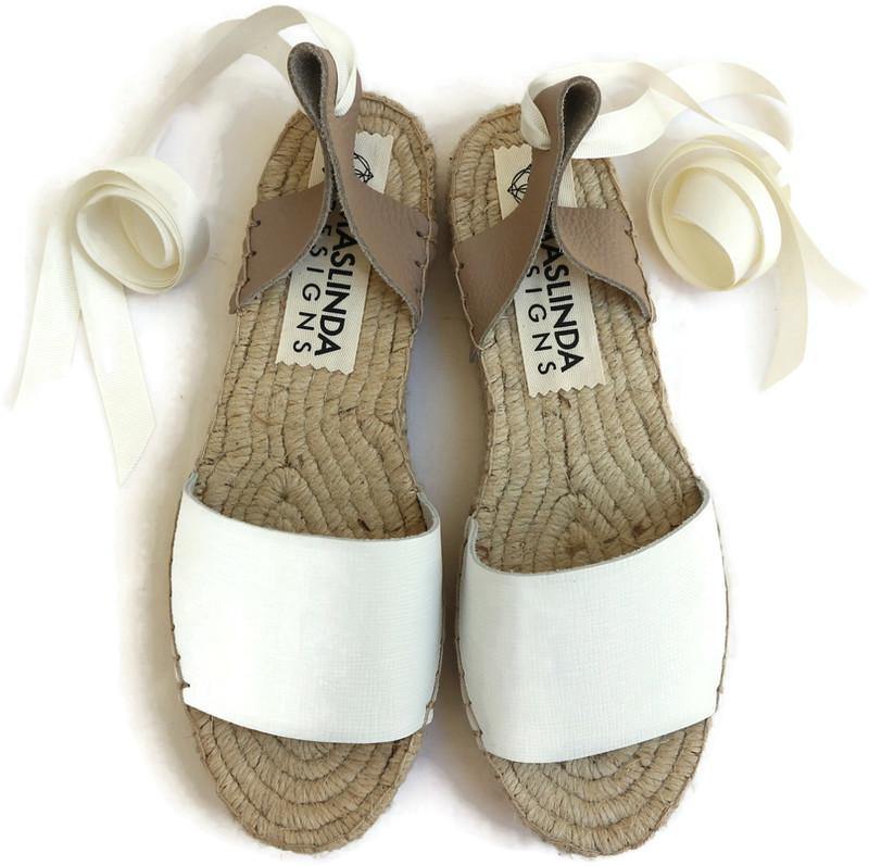 Leather Espadrilles Sandals - White - Classic Sole - Maslinda Designs