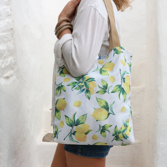 Lemon Print Canvas Shopping Tote Bag - Maslinda Designs