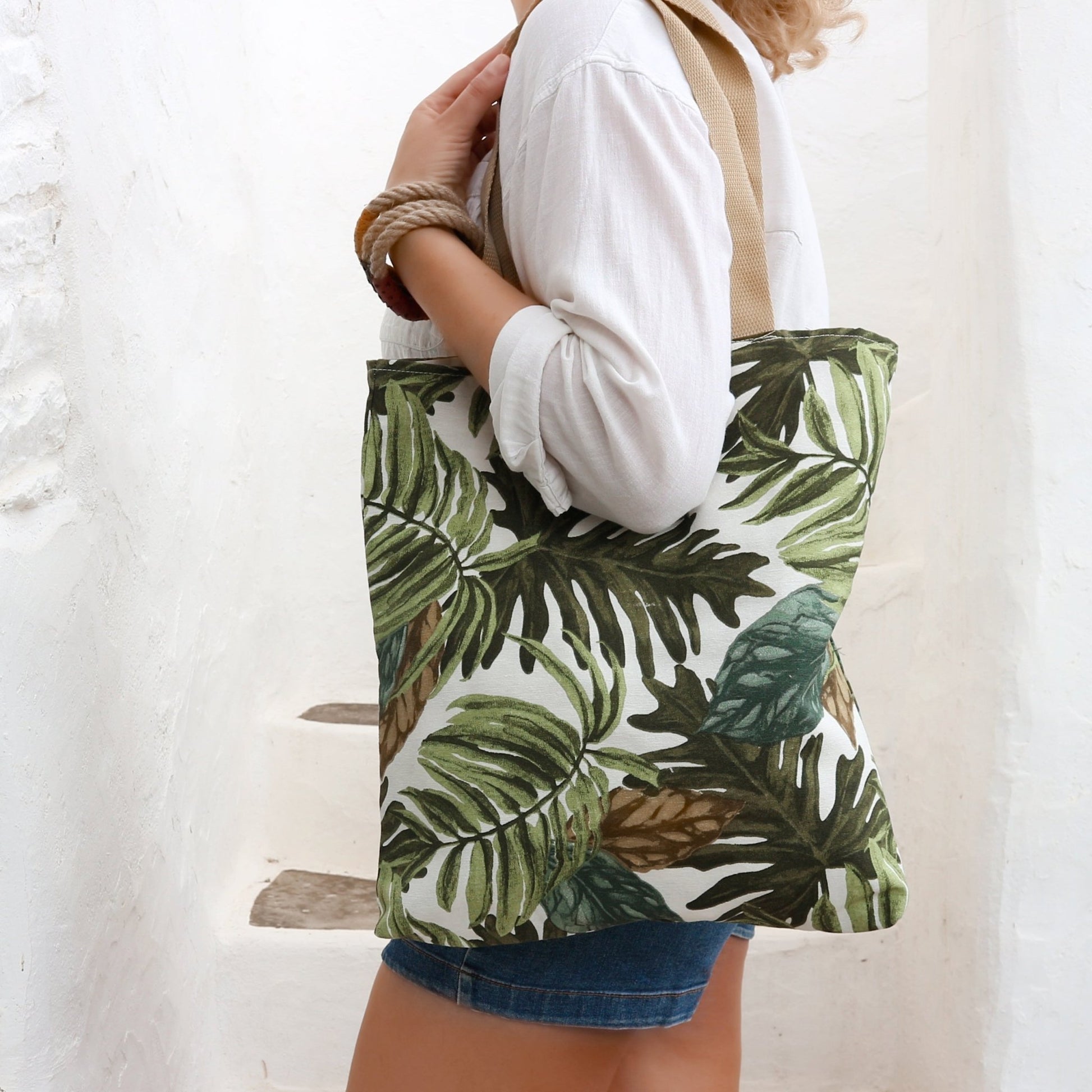 Palm Leaves Print Fabric Tote Bag - Maslinda Designs