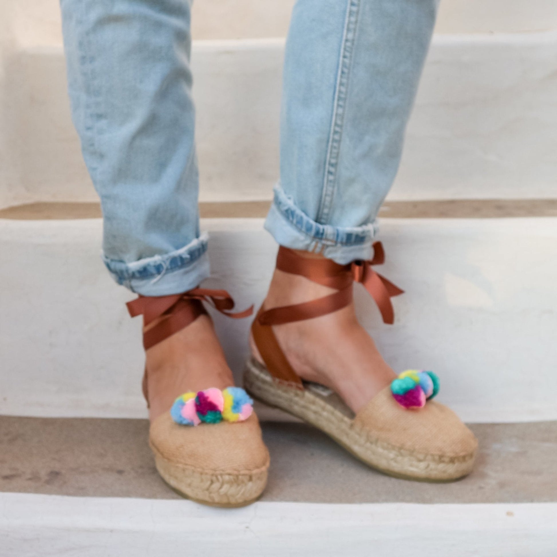 Pom Pom Raffia Espadrilles - Double Sole - Maslinda Designs