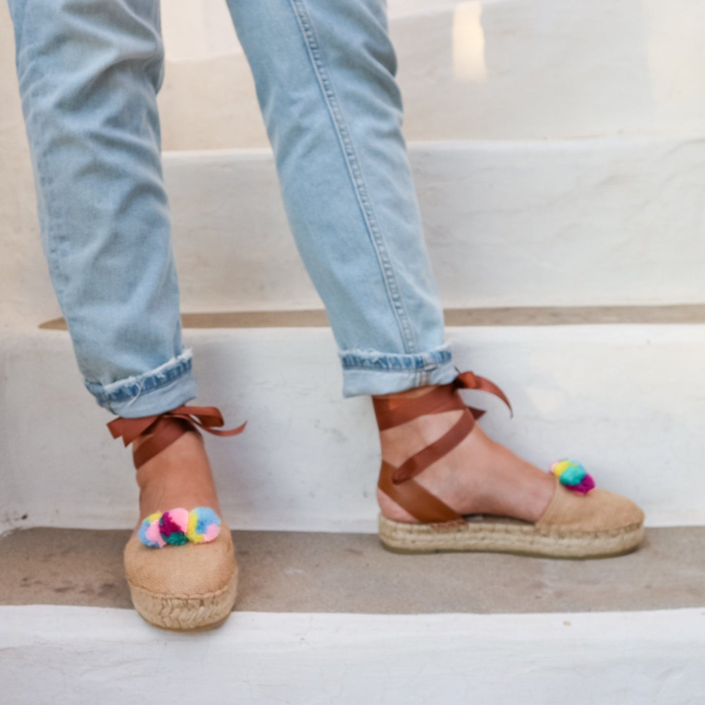 Pom Pom Raffia Espadrilles - Double Sole - Maslinda Designs