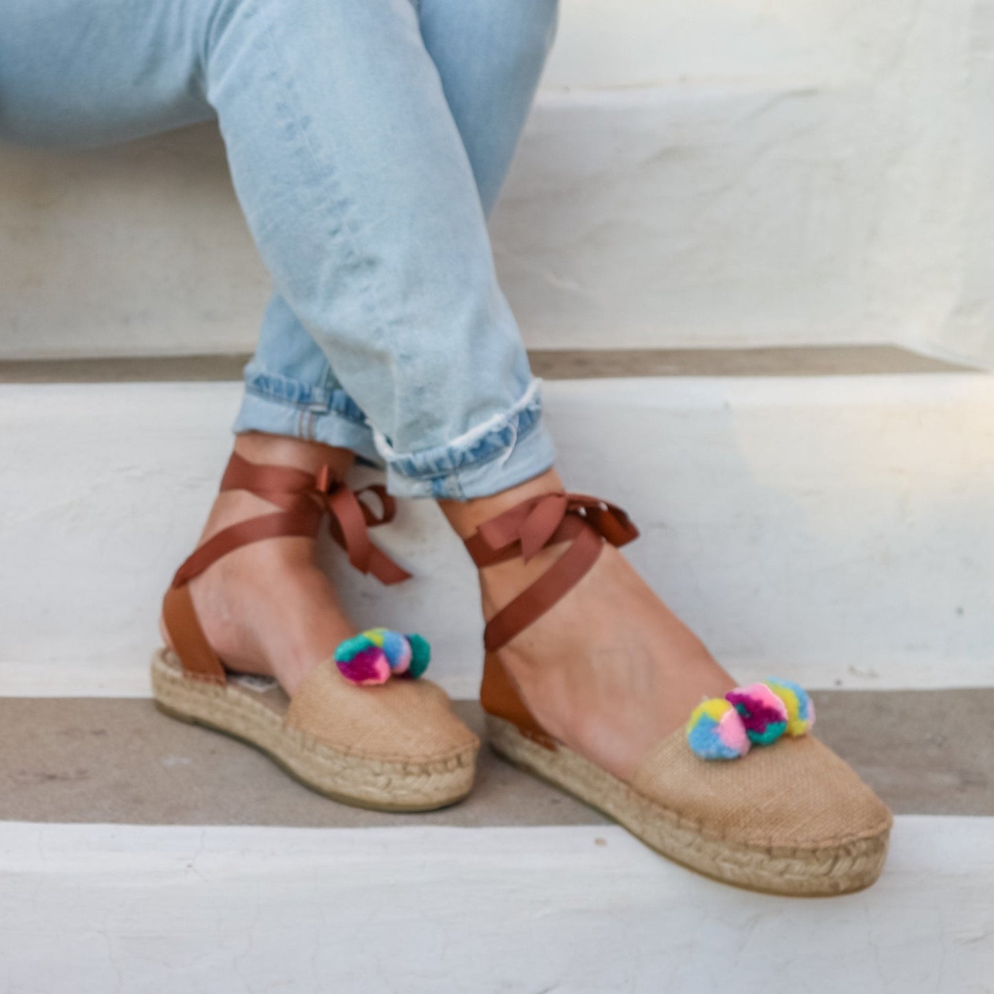 Pom Pom Raffia Espadrilles - Double Sole - Maslinda Designs