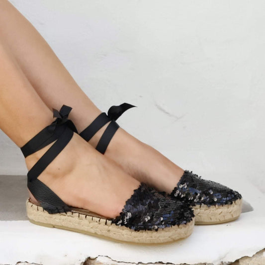 Sequin Espadrilles - Black - Double Sole - Maslinda Designs