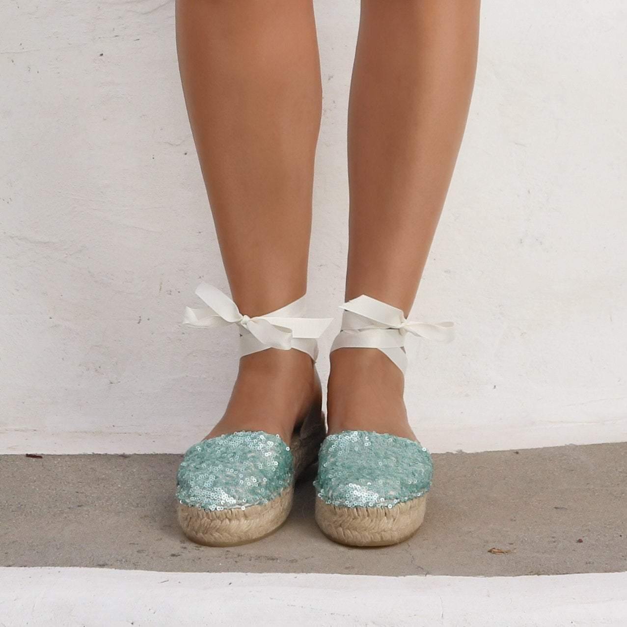 Sequined Espadrilles - Seafoam - Double Sole - Maslinda Designs