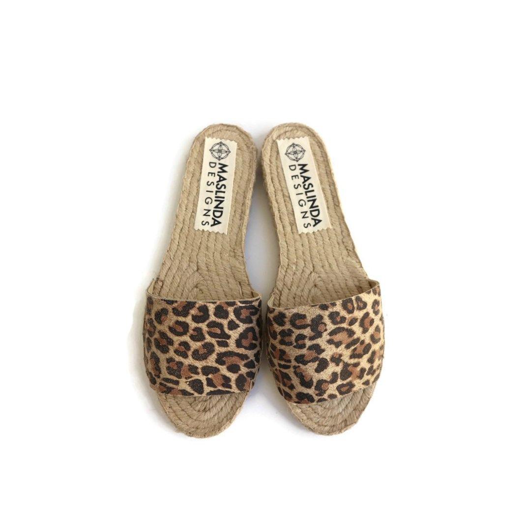 Suede Espadrilles Slides - Leopard Print - Maslinda Designs