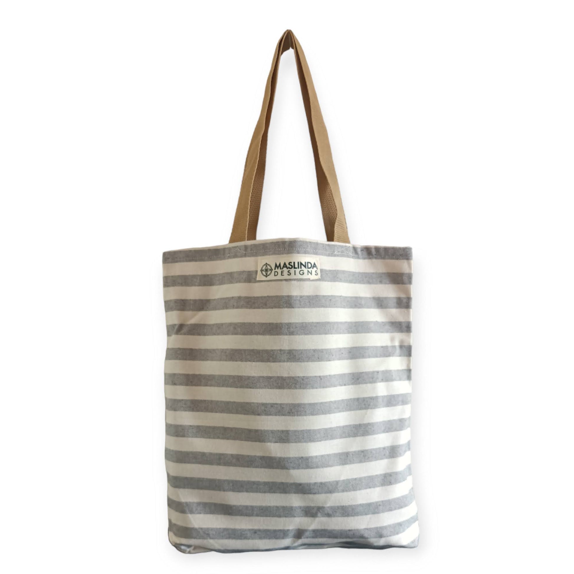 Blue and White Striped Canvas Tote Bag - Narrow Stripes - Maslinda Designs