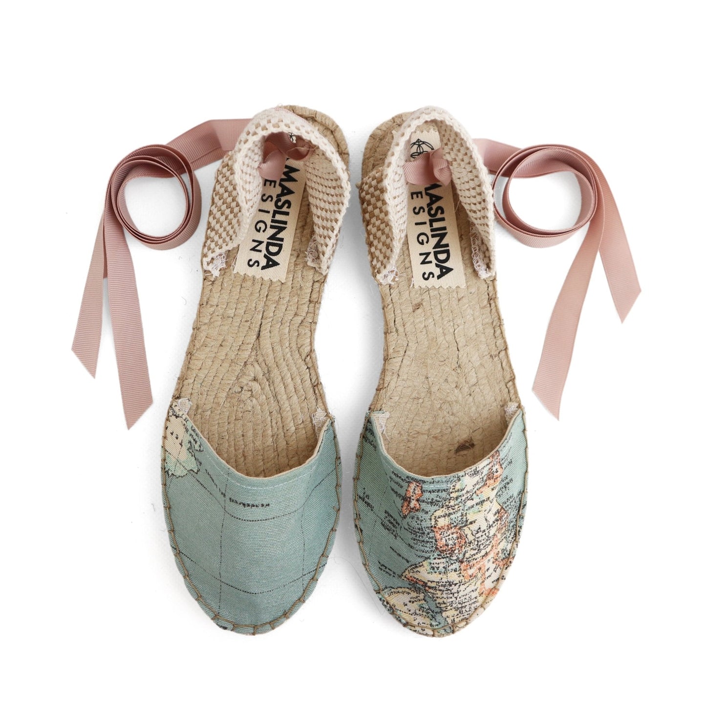 Vegan Espadrilles- World Map Print-Blue-Classic Sole - Maslinda Designs