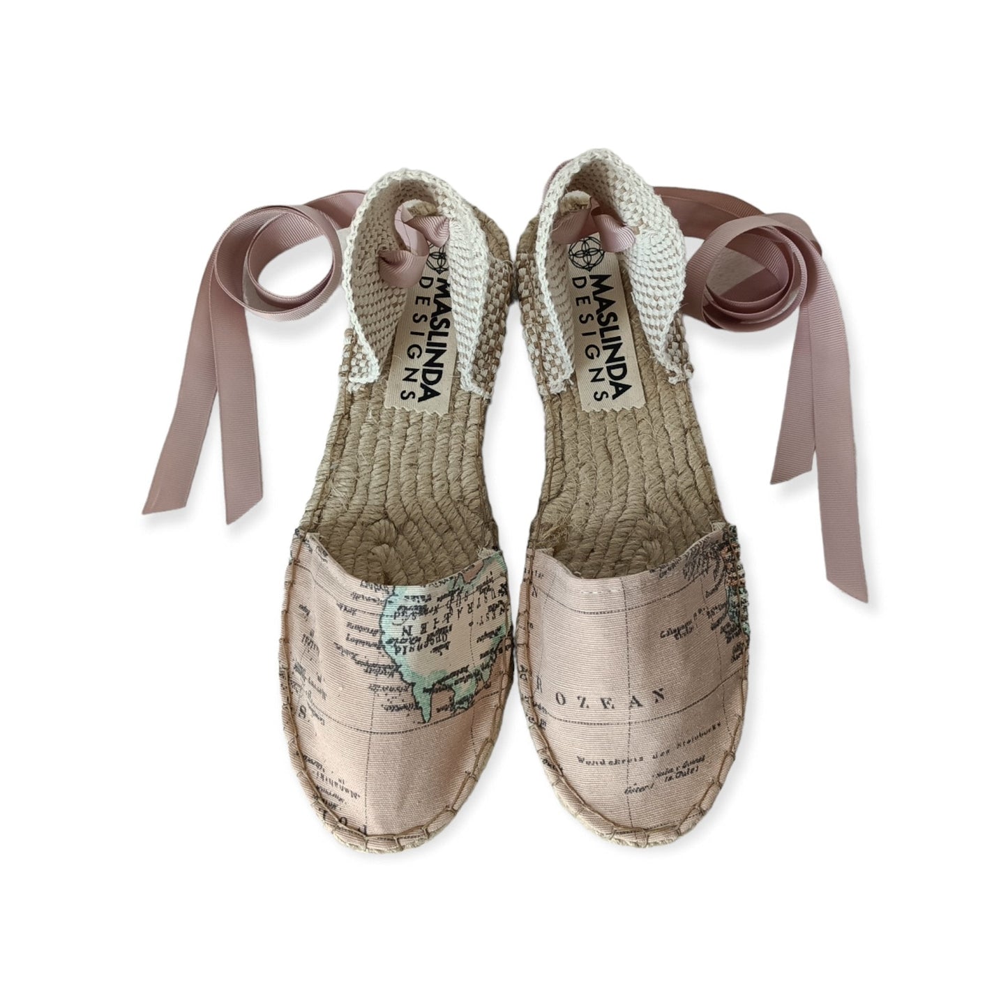 Wedding Espadrilles - World Map Print - Pink - Double Sole - Maslinda Designs