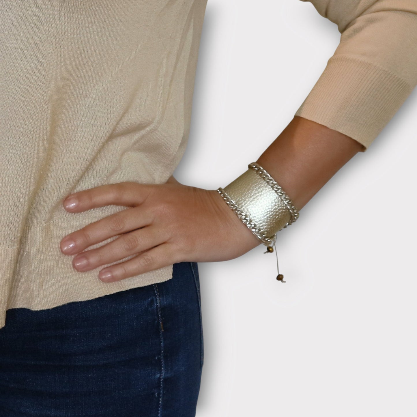 Wide Leather and Chain Cuff Bracelet - Angelica - Maslinda Designs