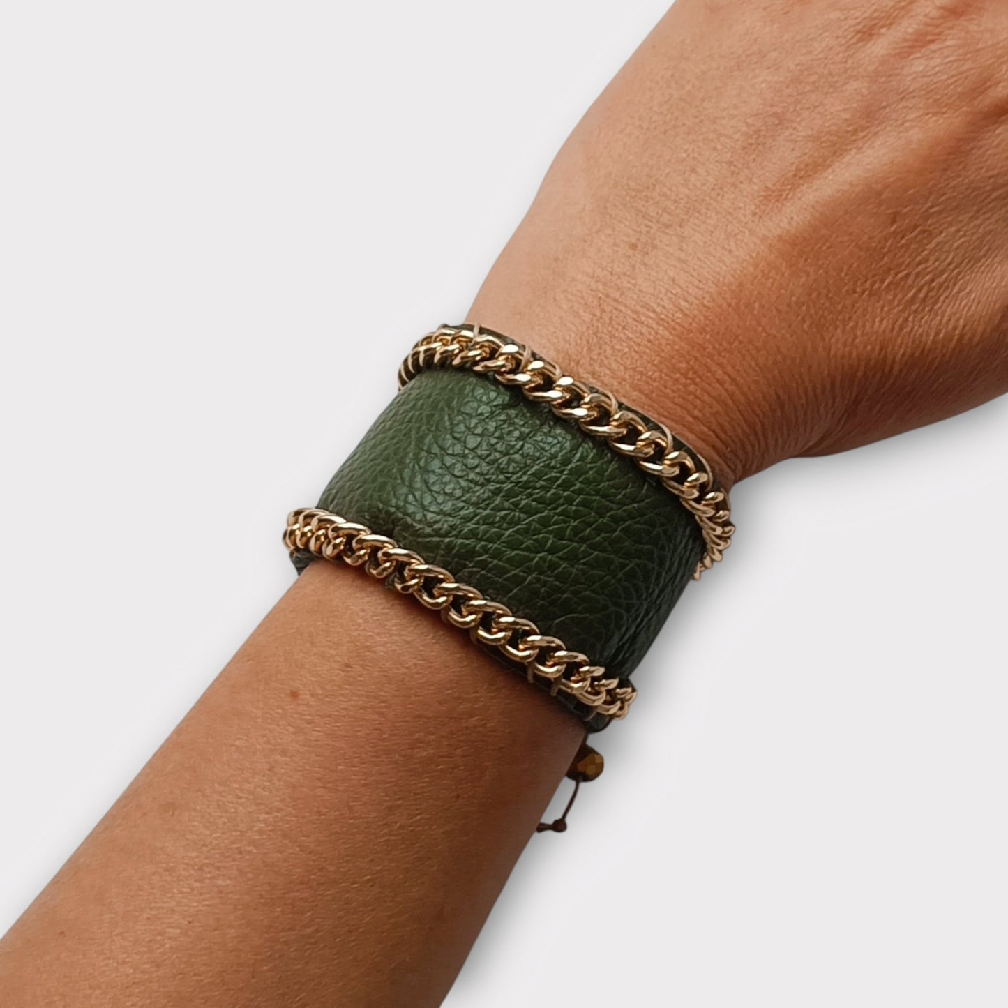 Wide Leather and Chain Cuff Bracelet - Angelica - Maslinda Designs