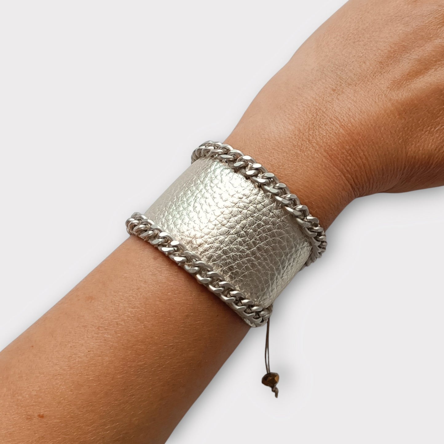 Wide Leather and Chain Cuff Bracelet - Angelica - Maslinda Designs