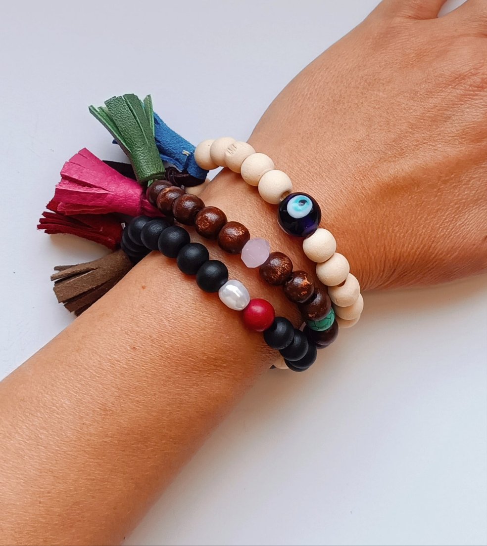 Wooden Beads Tassel Bracelet - Set of 3 - Maslinda Designs