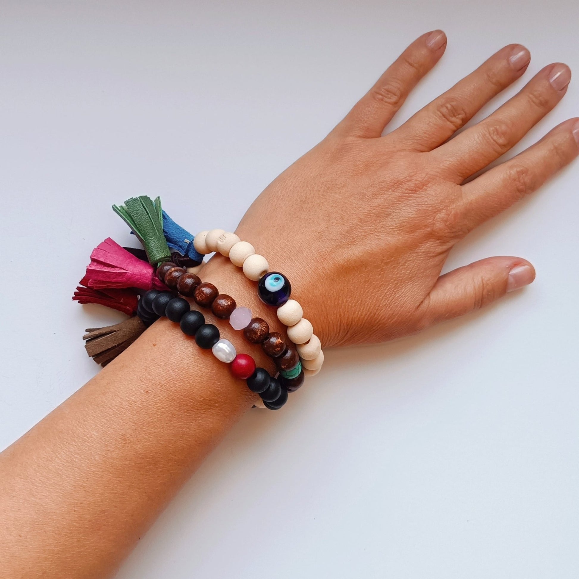 Wooden Beads Tassel Bracelet - Set of 3 - Maslinda Designs