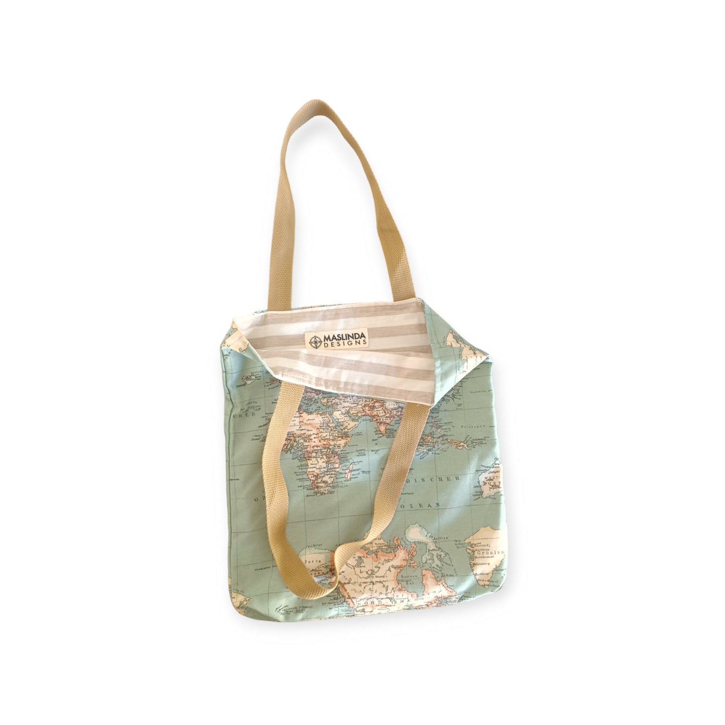 World Map Print Fabric Tote Bag - Blue - Maslinda Designs