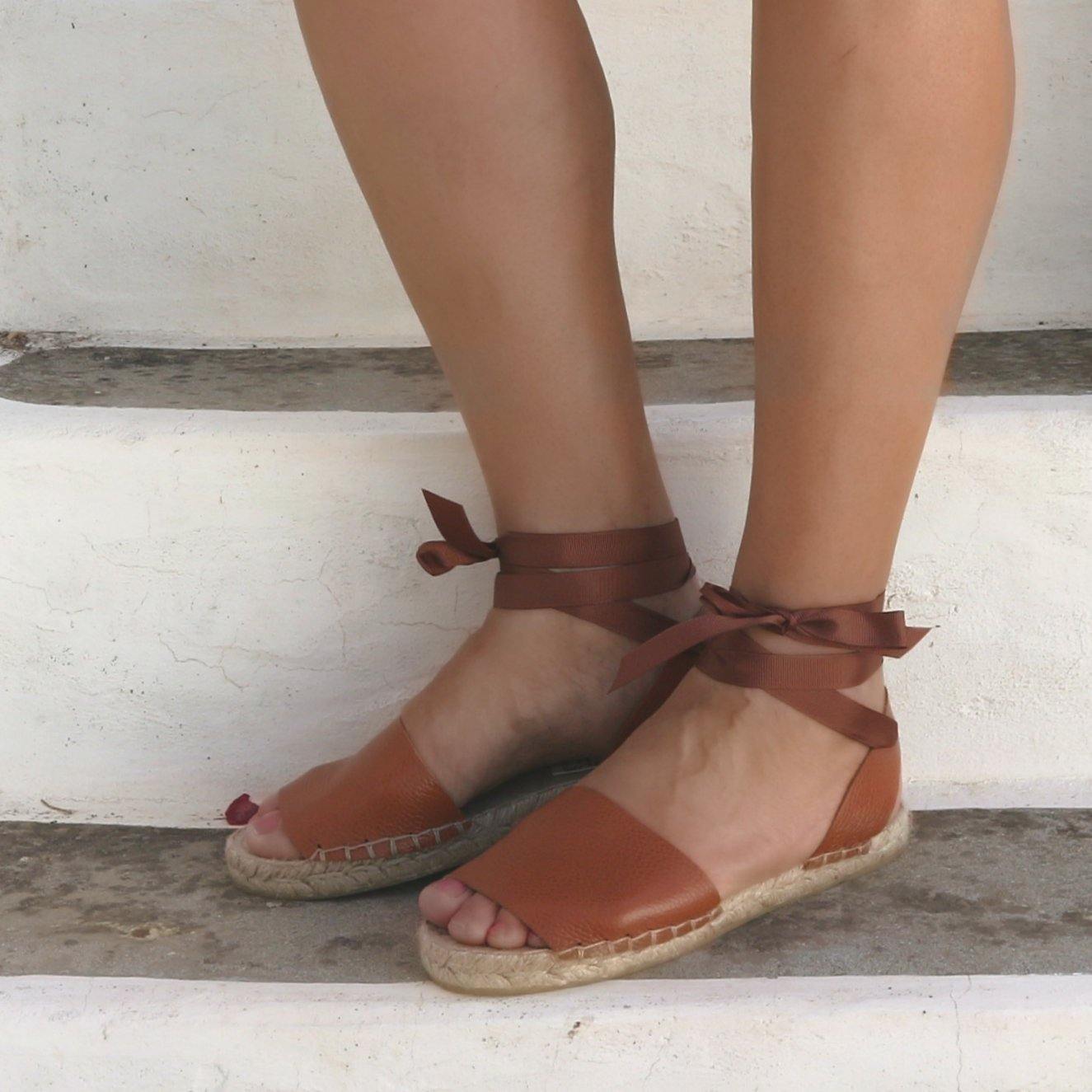 Leather Espadrilles Sandals - Tan - Classic Sole - Maslinda Designs