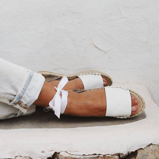 Leather Espadrilles Sandals - White - Classic Sole - Maslinda Designs