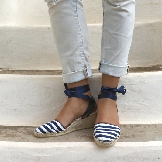 Low Wedge Espadrilles - Navy Stripes - Maslinda Designs